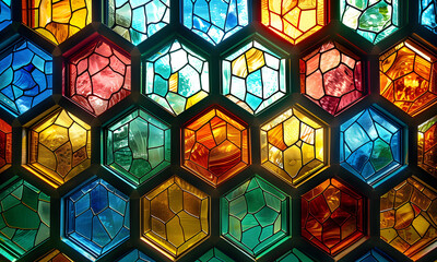 Stained-glass hexagon cells full color.  - 808426010