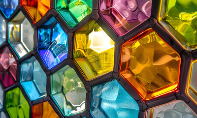 Stained-glass hexagon cells full color.  - 808426042