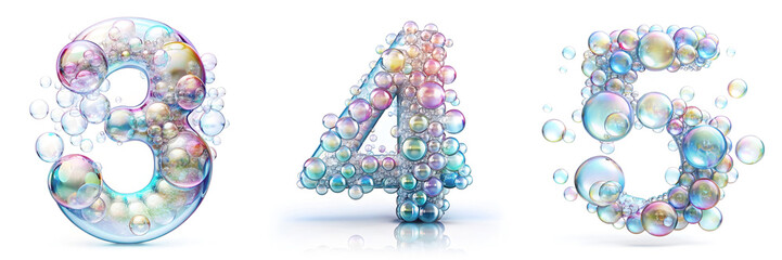 Numbers 3, 4, 5. Bubble Alphabet: Playful Letters in Soap Bubbles