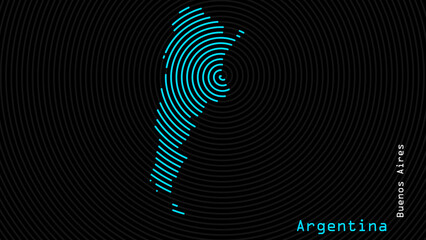 A map of Argentina, with a dark background and the country's outline in the shape of a colored spiral, centered around the capital. A simple sketch of the country, highlighting its unique shape.