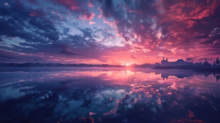 Atmospheric scene of the city of Atlantis at twilight, reflections on water, ethereal clouds above, fantasy setting, raw style