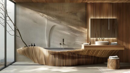 Modern and stylish bathroom with unique wooden wavelike panels