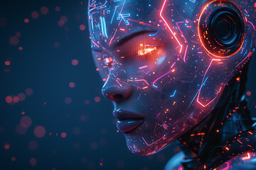 A futuristic cyborg is depicted in wireframe style against a dark blue background, showcasing advanced technology and innovation