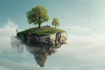 Modern digital art featuring a surreal floating island