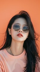 Beauty young Asian female black long hair wearing t shirt sunglasses