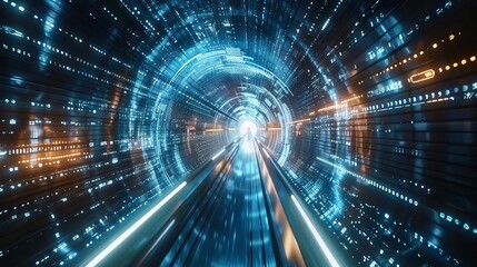 Modern virtual reality environment illustrating highspeed data transfer through a luminous digital tunnel