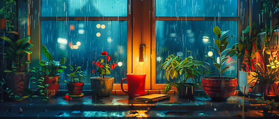 Rainy Window View, Drops and Lights Create a Moody, Reflective Urban Scene