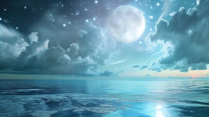 Surreal seascape with beautiful nebula, silver full moon and shimmering sea. Generative Ai