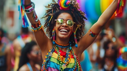 A person in a bold, multicolored outfit and rainbow bracelets, raising their hands triumphantly as...