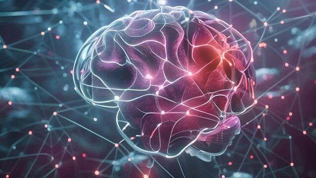 Brain interface with neural network illustrations and pulsating energy