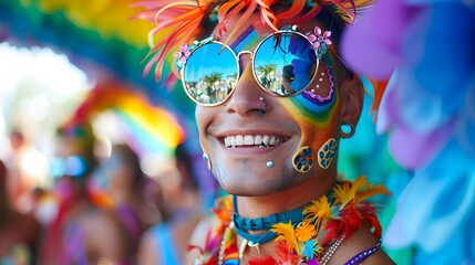 A person in a bold, rainbow-themed costume and a pride necklace, enjoying the festival under a...