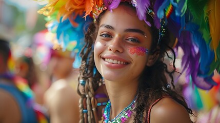 A person in a bold, rainbow-themed costume and a pride necklace, enjoying the festival under a...