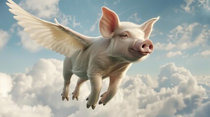 Pig flying with wings in a mythical sky