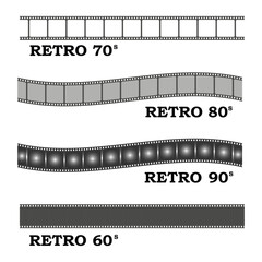 Vintage film strip set. Cinema Vector 60s. Retro 70s movie. Monochrome 80s reel.