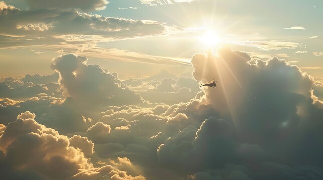 Pig flying through a magical sky among the clouds