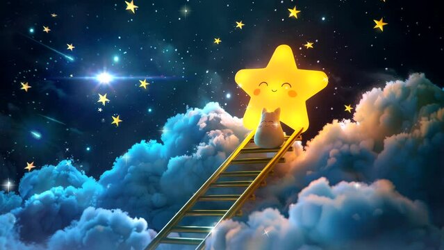 ladder on sleeping star at night lullaby concept video background looping 4k