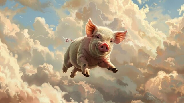 Pig flying through a magical sky among the clouds