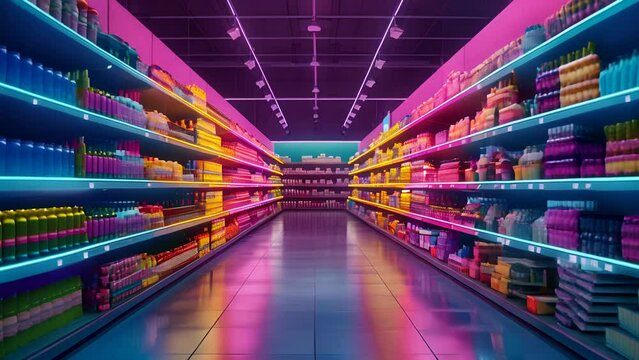 Aisle in a grocery store transformed for Black Friday, vibrant colors