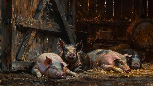 Pigs resting peacefully in a barn