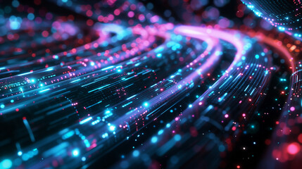 digital data information flowing through glowing internet cables, futuristic technology background,...