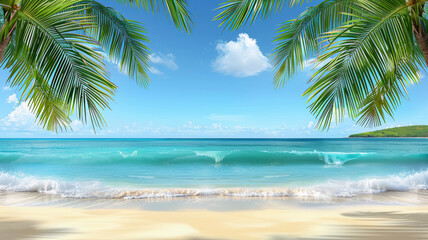 A beautiful beach scene with palm trees and a blue ocean