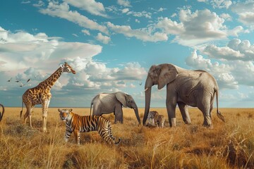 Playful family of elephants, giraffes, and a tiger in the savannah