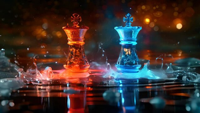 Detailed 3D model of fire and ice chess pieces on a board, strategic game of temperature