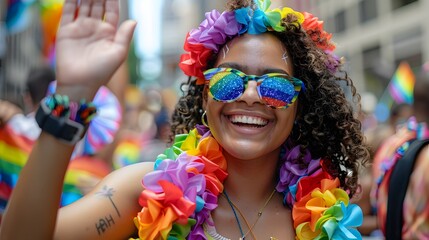 A person with a rainbow lei and a pride-themed face mask, waving joyfully to the camera at the...