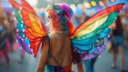 A person with rainbow fairy wings and a colorful wig, dancing with a pride flag draped over their shoulders.