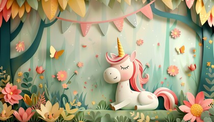 A cartoonstyle enchanted forest birthday theme with fairy and unicorn cutouts in pastel colors, embellished with glittery bold colored banners