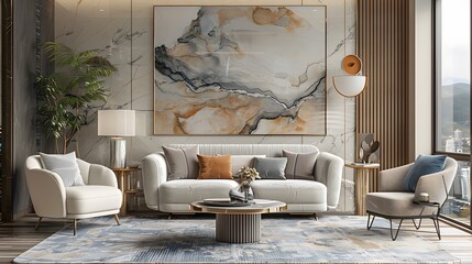 A plush armchair near a coffee table in a luxurious room with abstract wall art and a soft pastel color palette.