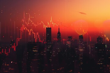 Fototapeta premium Silhouette of a city with digital stock market chart overlay