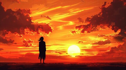 Silhouette of a person against a dramatic sunset landscape