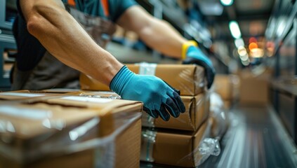 A close-up shot of a worker's hands meticulously arranging boxes inside a truck, highlighting their attention to detail.