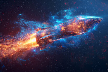 A futuristic wireframe-style illustration of a rocket, with intricate details and glowing lines against a dark background