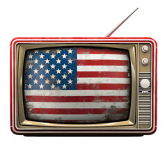 old classic televion with USA flag in the screen, no background, PNG image
