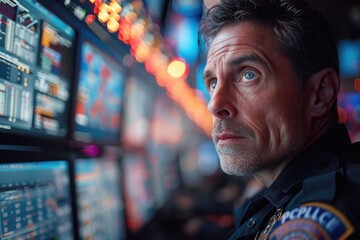 A mature Caucasian police officer with piercing blue eyes stands alert against a backdrop of illuminated screens, the city's nocturnal colors reflecting in his intense gaze. Shadows dance around.