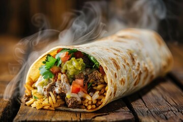 Steaming burrito with rice, beans, and vegetables on a wooden table