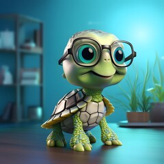 Cute baby turtle character wearing glasses. Generative AI.