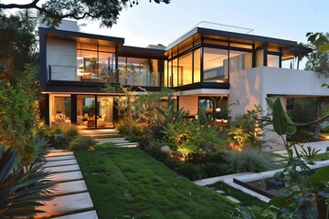 Ultramodern house exterior with glass walls and lush garden