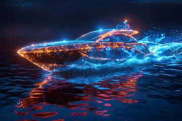 A sleek speedboat cruises gracefully on calm waters under the bright sun, embodying leisure and adventure on the open sea