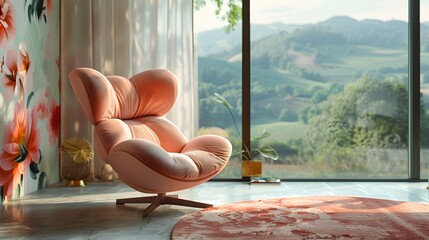 A retro-style lounge chair set against a floral pastel wall in a room with panoramic views of a...
