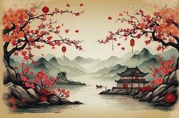 Tranquil Oriental Landscape with Cherry Blossoms
