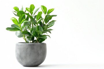 A zz plant with waxy green leaves in a minimalist grey ceramic pot, isolated on a white background