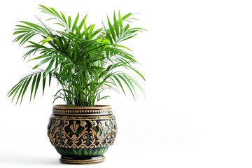 A parlor palm in an elegant, ornate ceramic pot, isolated on a white background