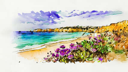 Watercolor Beach with Purple Flowers