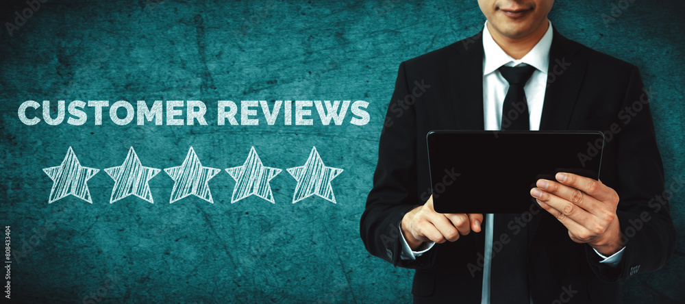 Poster customer review satisfaction feedback survey concept. user give rating to service experience on onli