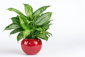 An aglaonema with silvergreen leaves in a red ceramic pot, isolated on a white background
