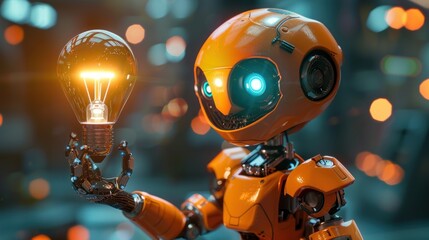 An endearing little orange robot clutching a lightbulb.
