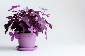 An oxalis triangularis with purple leaves in a violet pot, its delicate flowers visible, isolated on a white background